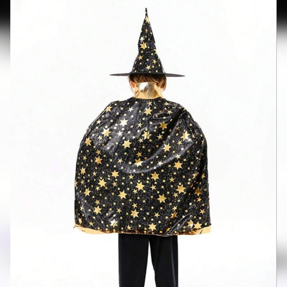 Fast Shipping Black Hat& Cloak w Gold Stars. Wizzard /Witch One Size Child - Picture 6 of 7